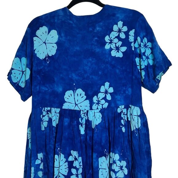 Short Sleeve Blue Hibiscus Floral Hawaiian Maxi Dress M - Picture 5 of 9